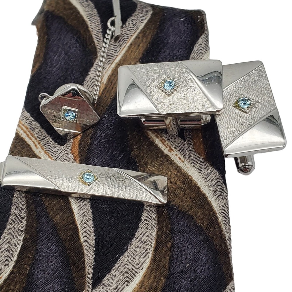 Blue Crystal Cufflinks Tie Tac Bar Sarah Coventry Brushed Silver Tone Formal Set
